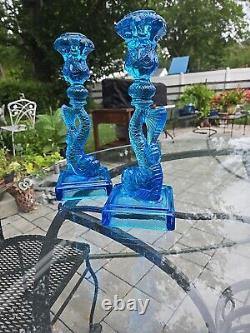 Museum of Modern Art Pair of Blue Opalescent Dolphin Candlesticks Art Deco