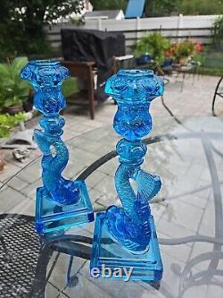 Museum of Modern Art Pair of Blue Opalescent Dolphin Candlesticks Art Deco