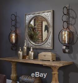 NEW HUGE 39 RUST BROWN METAL MERCURY GLASS WALL SCONCE CANDLE HOLDER HURRICANE