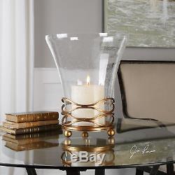 New Large 16 Gold Leaf Metal Candelabra Candle Holder Glass Hurricane Top