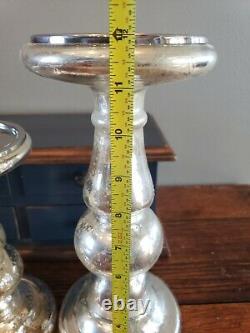 NEW Pottery Barn Antique Mercury Glass Pillar Candle Holder Silver Set of 3