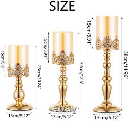 NUPTIO Pillar Candle Holders with Glass, Set of 3 Gold Hurricane Candle Holder M
