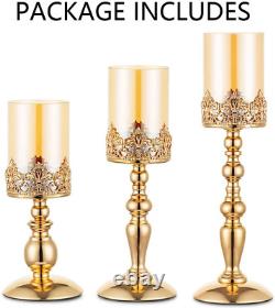 NUPTIO Pillar Candle Holders with Glass, Set of 3 Gold Hurricane Candle Holder M