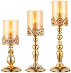 NUPTIO Pillar Candle Holders with Glass, Set of 3 Gold Hurricane Candle Holder M