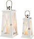 Nautical Wooden Lantern Set, 15.5 & 22h, Metal Candle Holders, Tempered Glass