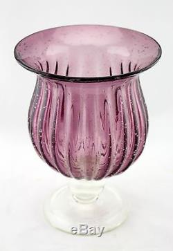 New 10 Hand Blown Art Glass Hurricane Vase Bowl Footed Candle Holder Purple