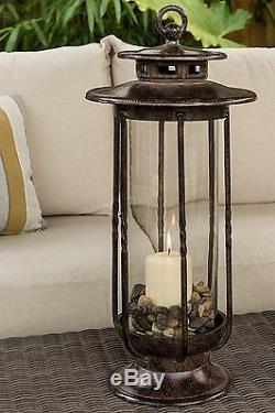 New Decorative Hurricane Lantern Glass Candle Holder, Cast Iron, Rustic Indoor