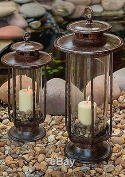 New Decorative Hurricane Lantern Glass Candle Holder, Cast Iron, Rustic Indoor