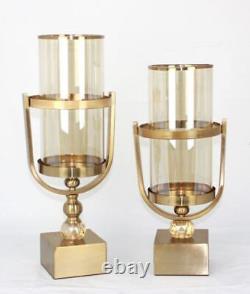 New Elegant Gold Metal Glass Candle holders Set of 2 Decoration Free Shipping