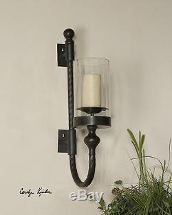 New Huge 27 Aged Black Rust Twisted Metal Glass Globe Wall Sconce Candle Holder