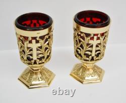 Nice Pair Of Brass Votive Candle Holders With Red Glass #284