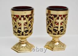 Nice Pair Of Brass Votive Candle Holders With Red Glass #284