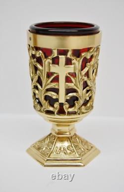 Nice Pair Of Brass Votive Candle Holders With Red Glass #284