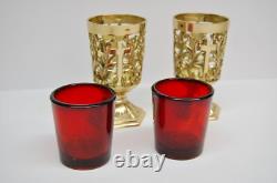 Nice Pair Of Brass Votive Candle Holders With Red Glass #284
