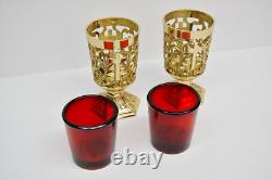 Nice Pair Of Brass Votive Candle Holders With Red Glass #284