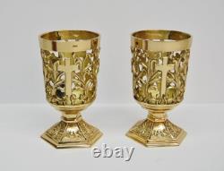 Nice Pair Of Brass Votive Candle Holders With Red Glass #284