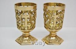 Nice Pair Of Brass Votive Candle Holders With Red Glass #284