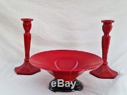 Northwood 1924 RED CHINESE CORAL Citizen Mutual Bowl & Candle Holder Console Set