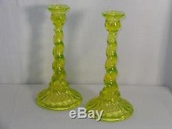 Northwood Vaseline Canary Glass #725 Pair of Candlesticks