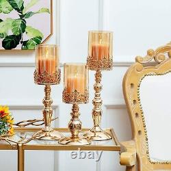 Nuptio Pillar Candle Holders with Glass, Set of 3 Gold Hurricane Candle Holde