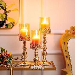 Nuptio Pillar Candle Holders with Glass, Set of 3 Gold Hurricane Candle Holde