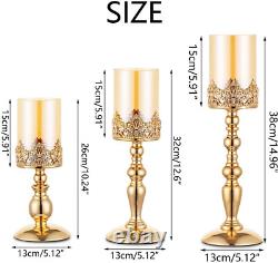 Nuptio Pillar Candle Holders with Glass, Set of 3 Gold Hurricane Candle Holder M