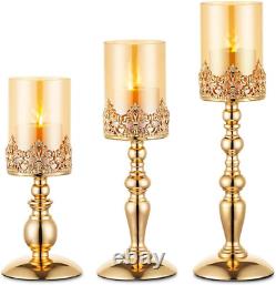 Nuptio Pillar Candle Holders with Glass, Set of 3 Gold Hurricane Candle Holder M