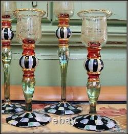 Nwt Set Of 2! Retired Blooming Mackenzie Childs Glass Candlesticks Courtly Check