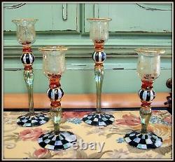 Nwt Set Of 4! Retired Blooming Mackenzie Childs Glass Candlesticks Courtly Check