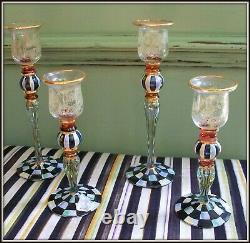 Nwt Set Of 4! Retired Blooming Mackenzie Childs Glass Candlesticks Courtly Check