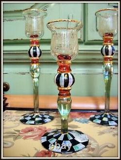 Nwt Set Of 4! Retired Blooming Mackenzie Childs Glass Candlesticks Courtly Check