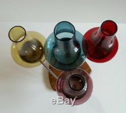 Old Hall Swedish Glass And Steel Candle Holders On A Wooden Base Vintage 60's