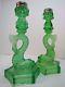 Old Pair Green Depression Glass Dauphin Koi Fish Lamp Base Candle Holders Ornate