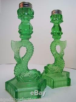 Old Pair Green Depression Glass Dauphin Koi Fish Lamp Base Candle Holders ornate