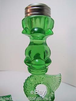 Old Pair Green Depression Glass Dauphin Koi Fish Lamp Base Candle Holders ornate