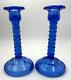 Old Pair Of Vintage Indiana Pressed Glass Cobalt Blue Candle Holders Art Deco