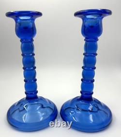 Old Pair of Vintage Indiana Pressed Glass Cobalt Blue Candle Holders Art Deco