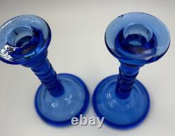 Old Pair of Vintage Indiana Pressed Glass Cobalt Blue Candle Holders Art Deco