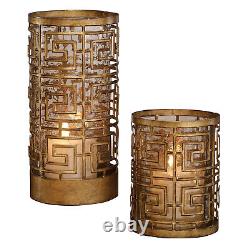 Open Gold Greek Key Fretwork Candle Holders 2-Piece Set, Copper Bronze Hurricane