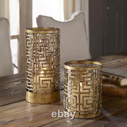 Open Gold Greek Key Fretwork Candle Holders 2-Piece Set, Copper Bronze Hurricane