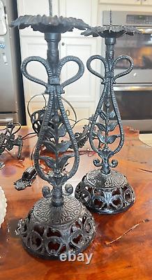 Ornate Cast Iron Wall Sconce Oil Lamp Conv Swivel Arm Brackets & Candle Holders