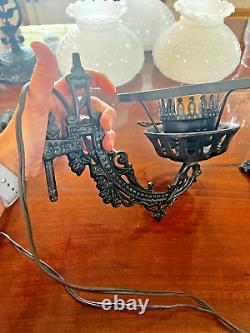 Ornate Cast Iron Wall Sconce Oil Lamp Conv Swivel Arm Brackets & Candle Holders