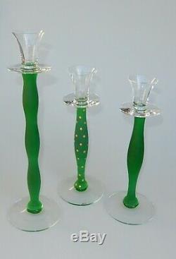 Orrefors Celeste Anne Nilson Set of 3 Green Clear & Polka Dot Candle Holder
