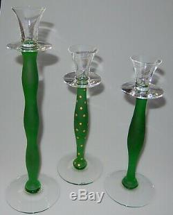 Orrefors Celeste Anne Nilson Set of 3 Green Clear & Polka Dot Candle Holder