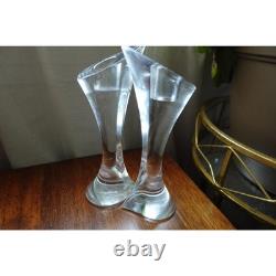 Orrefors Crystal Candle Stick Holder Pair Signed Art Glass Modern Scandinavian