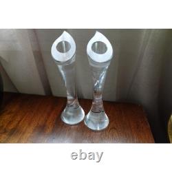 Orrefors Crystal Candle Stick Holder Pair Signed Art Glass Modern Scandinavian