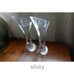 Orrefors Crystal Candle Stick Holder Pair Signed Art Glass Modern Scandinavian
