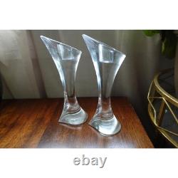 Orrefors Crystal Candle Stick Holder Pair Signed Art Glass Modern Scandinavian