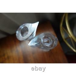 Orrefors Crystal Candle Stick Holder Pair Signed Art Glass Modern Scandinavian