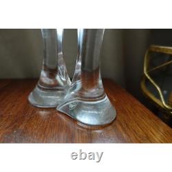 Orrefors Crystal Candle Stick Holder Pair Signed Art Glass Modern Scandinavian